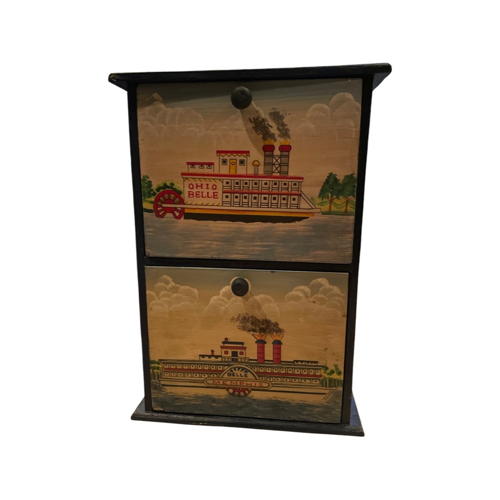 Wooden Hand Painted 2 Drawer Jewelry Toy Box - Steamboat Design